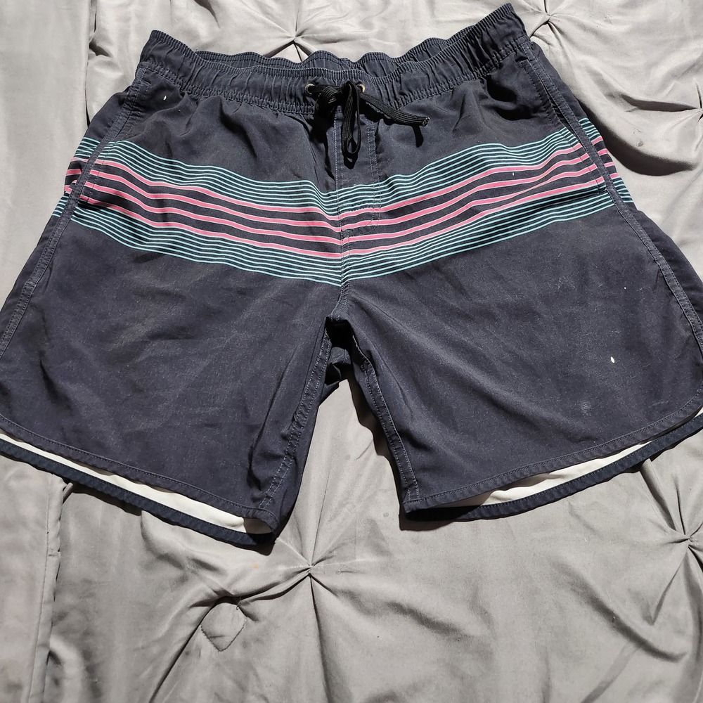 RVCA Mens Board Shorts Size Large Black Pink Teal Striped Swim Trunks Beachwear